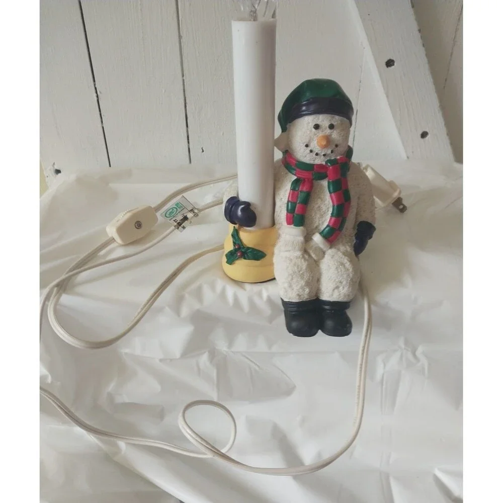 Resin Snowman Light Up Candle Plug in Shelf Sitting Snowman Deco